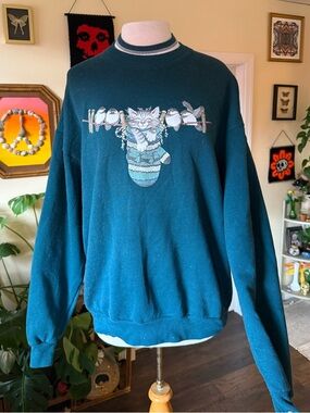 Vintage 80’s Dark Teal Crewneck Sweatshirt with Hanging Cat Graphic